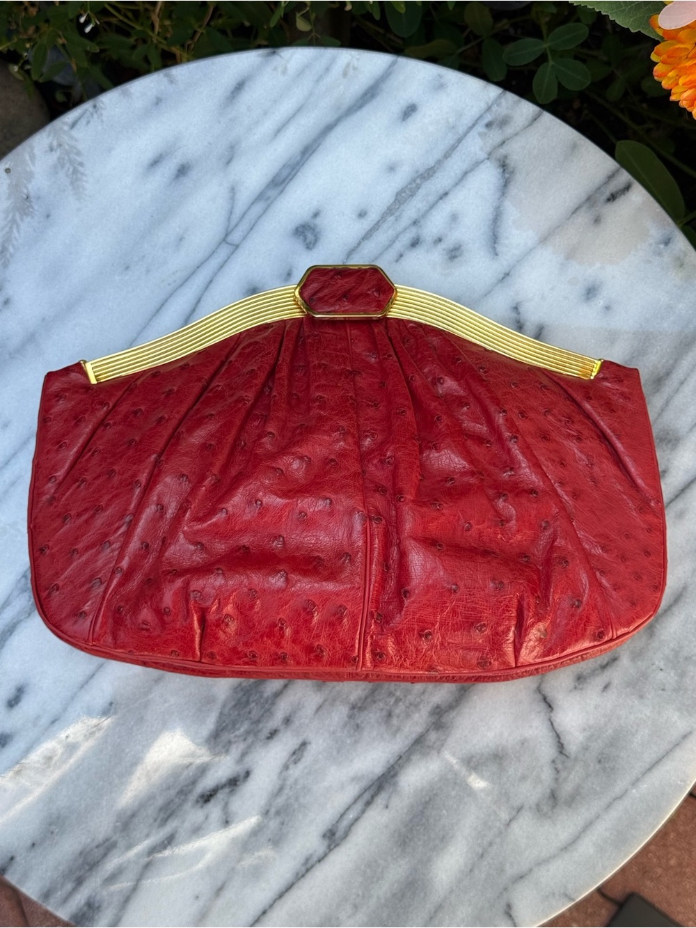 Vintage Neiman Marcus x Judith Leiber Red Ostrich Clutch w/ Gold Hardware